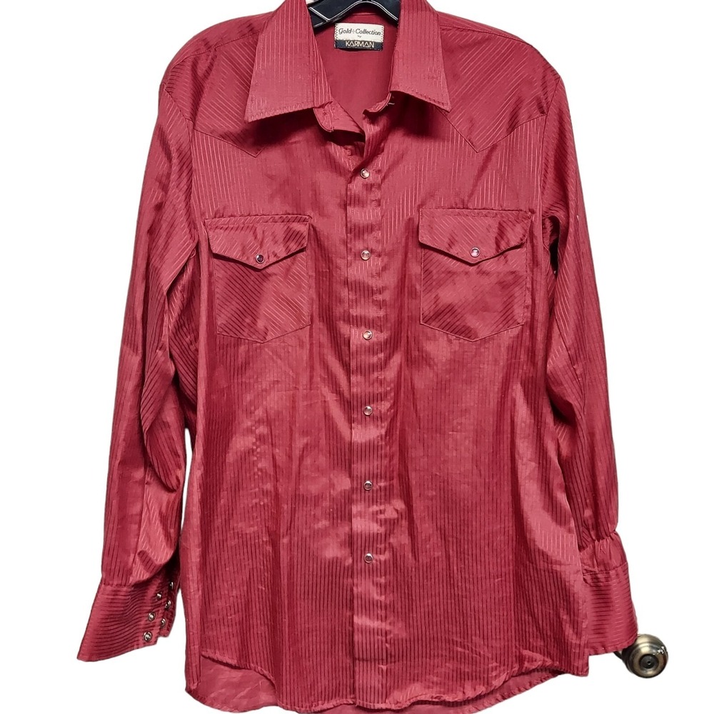 Karman Gold Collection Pearl Snap Shirt Mens Large L Drk Red Western Long Sleeve